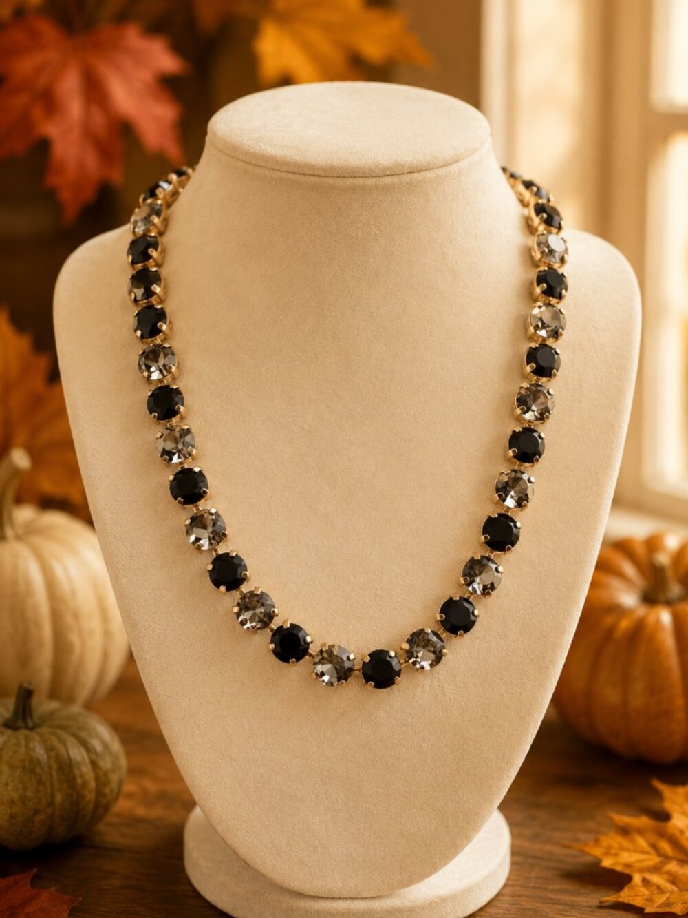 Black & Smoky Gray Crystal Necklace, Gold Tone Rhinestone Necklace, Elegant Stat